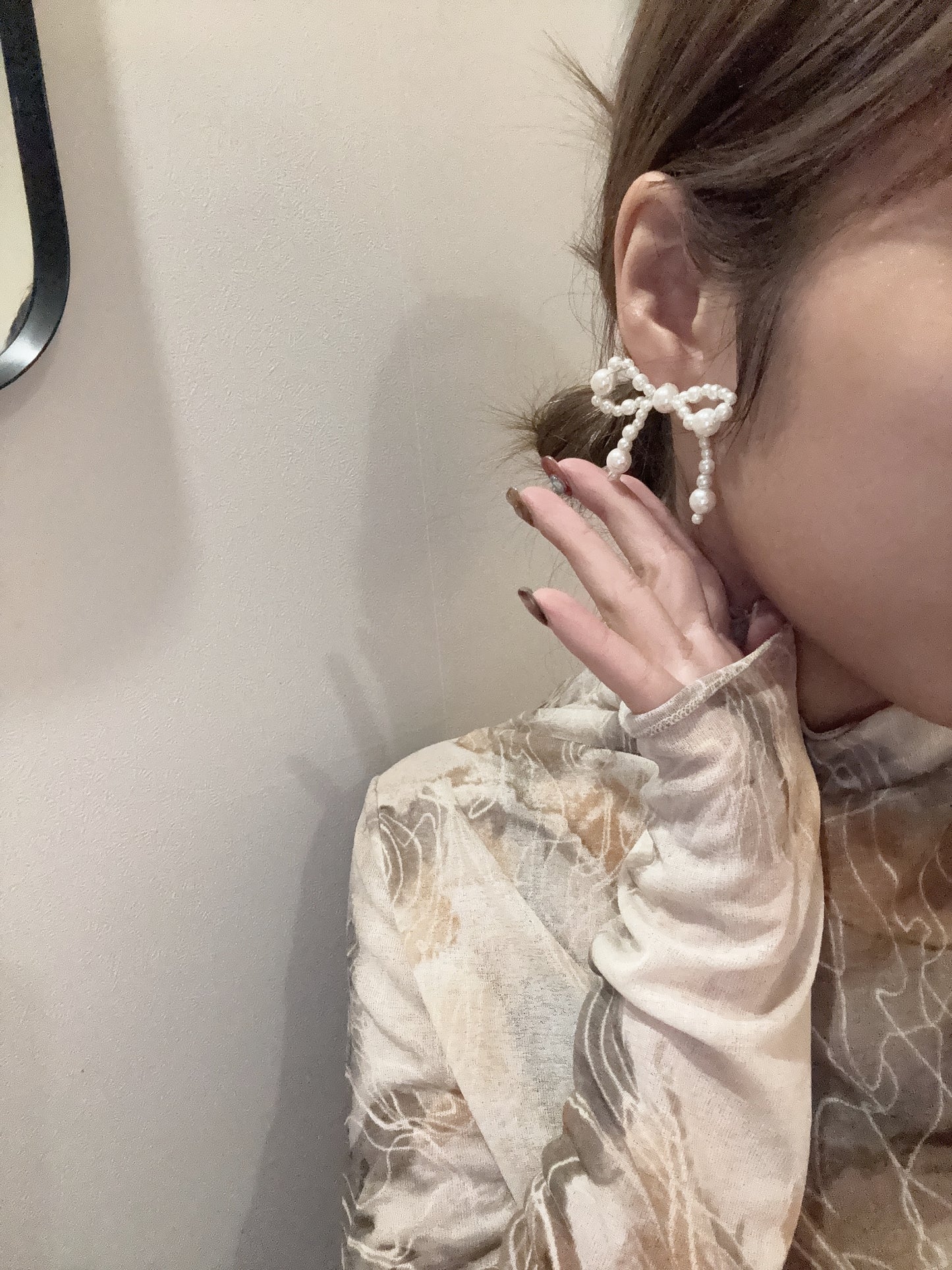 大小拼珠蝴蝶結耳環