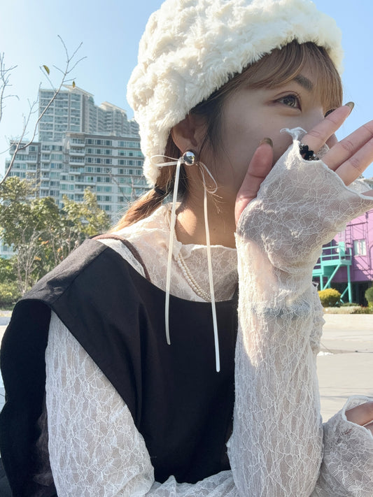 推!長絲帶銀珠耳環