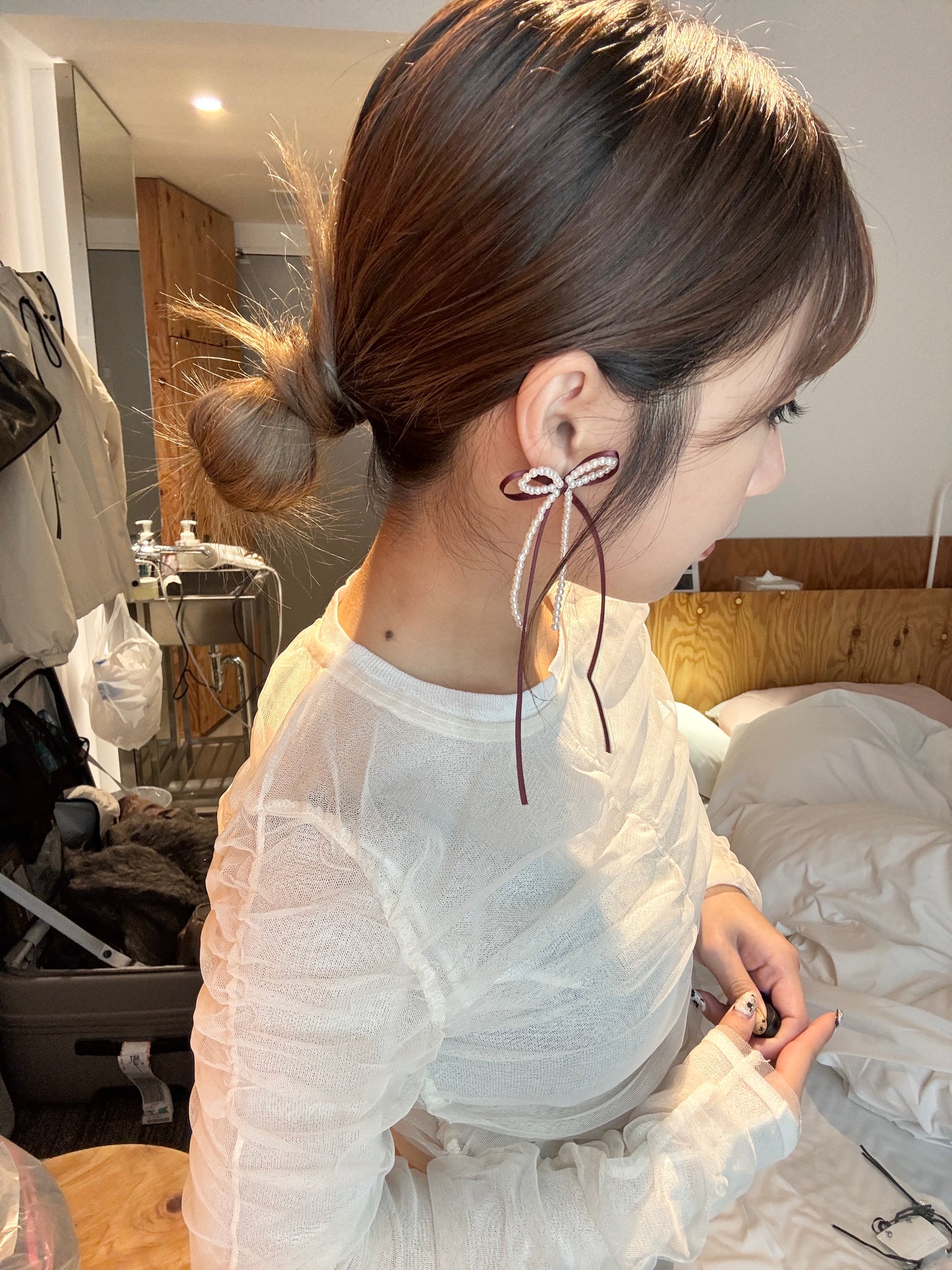 絲帶拼珍珠蝴蝶結長耳環