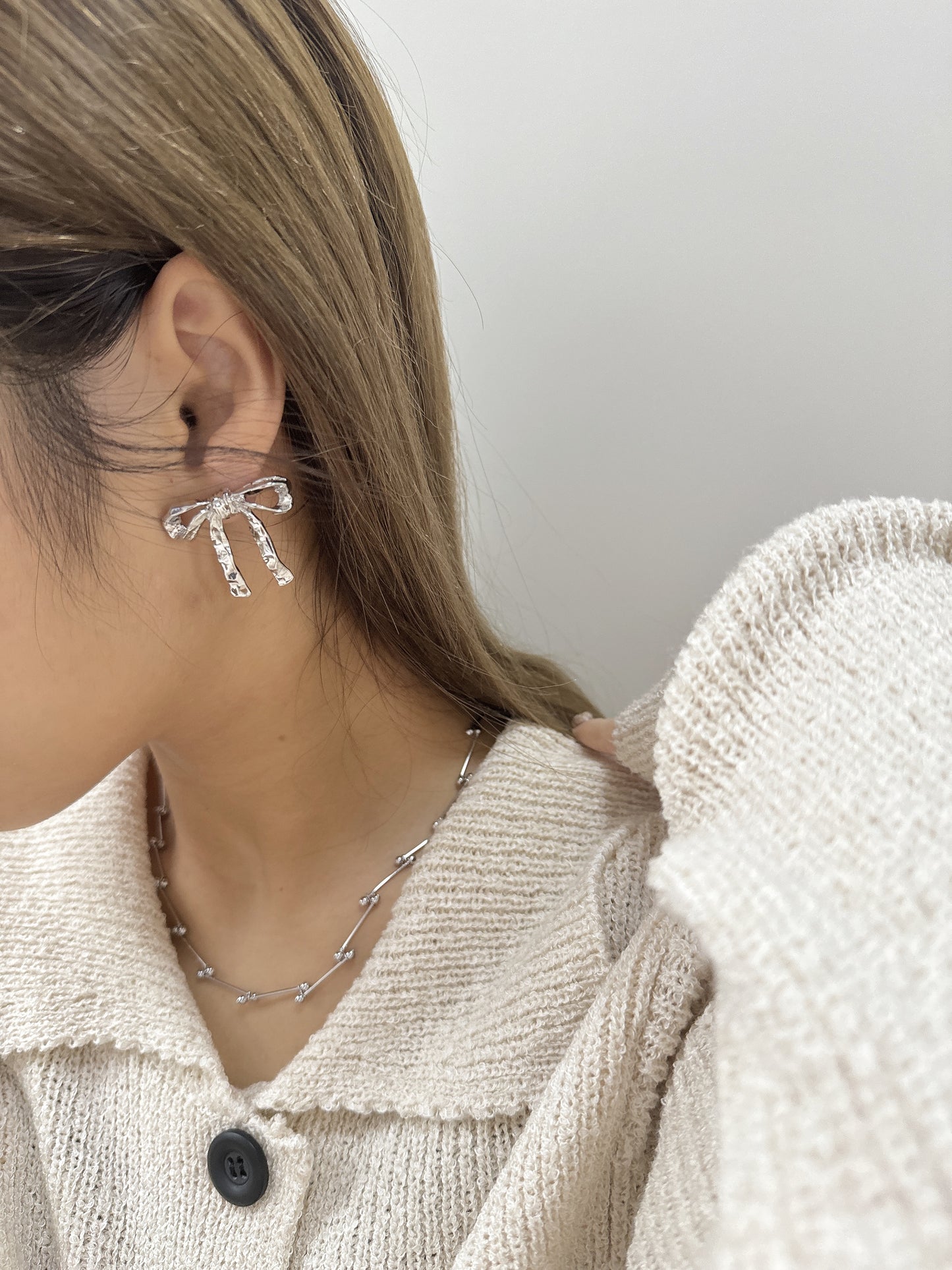 蝴蝶結珍珠形耳環