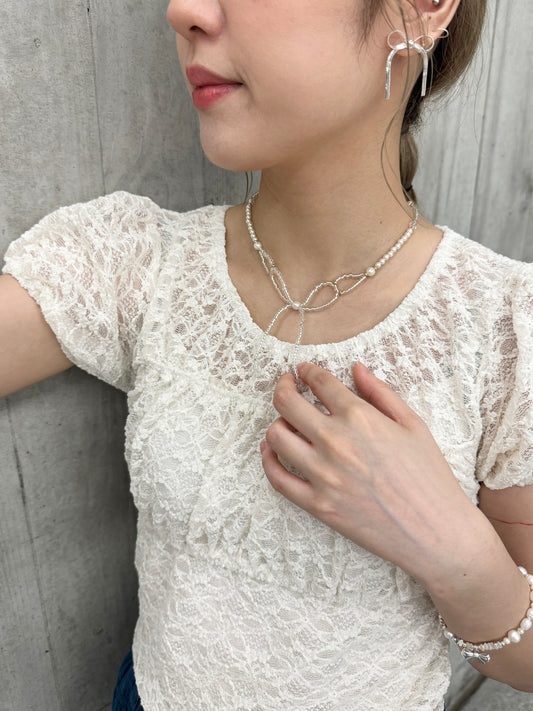 美~!透明感珍珠蝴蝶結頸鏈