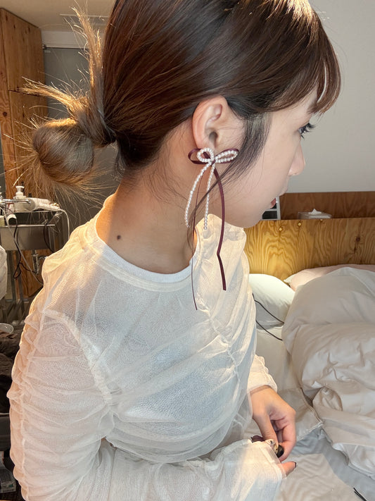 絲帶拼珍珠蝴蝶結長耳環