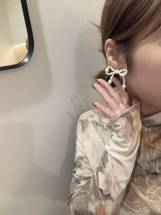 大小拼珠蝴蝶結耳環