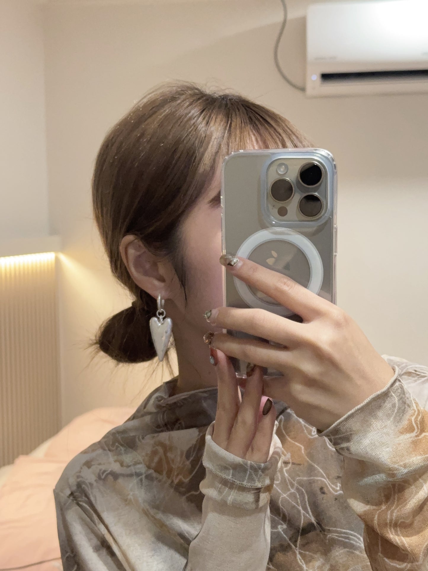 vintage 霧面長心心耳環