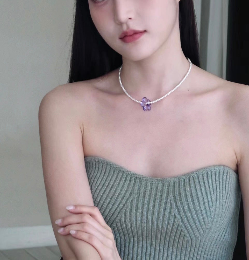 超美~玻璃花花珍珠頸鏈