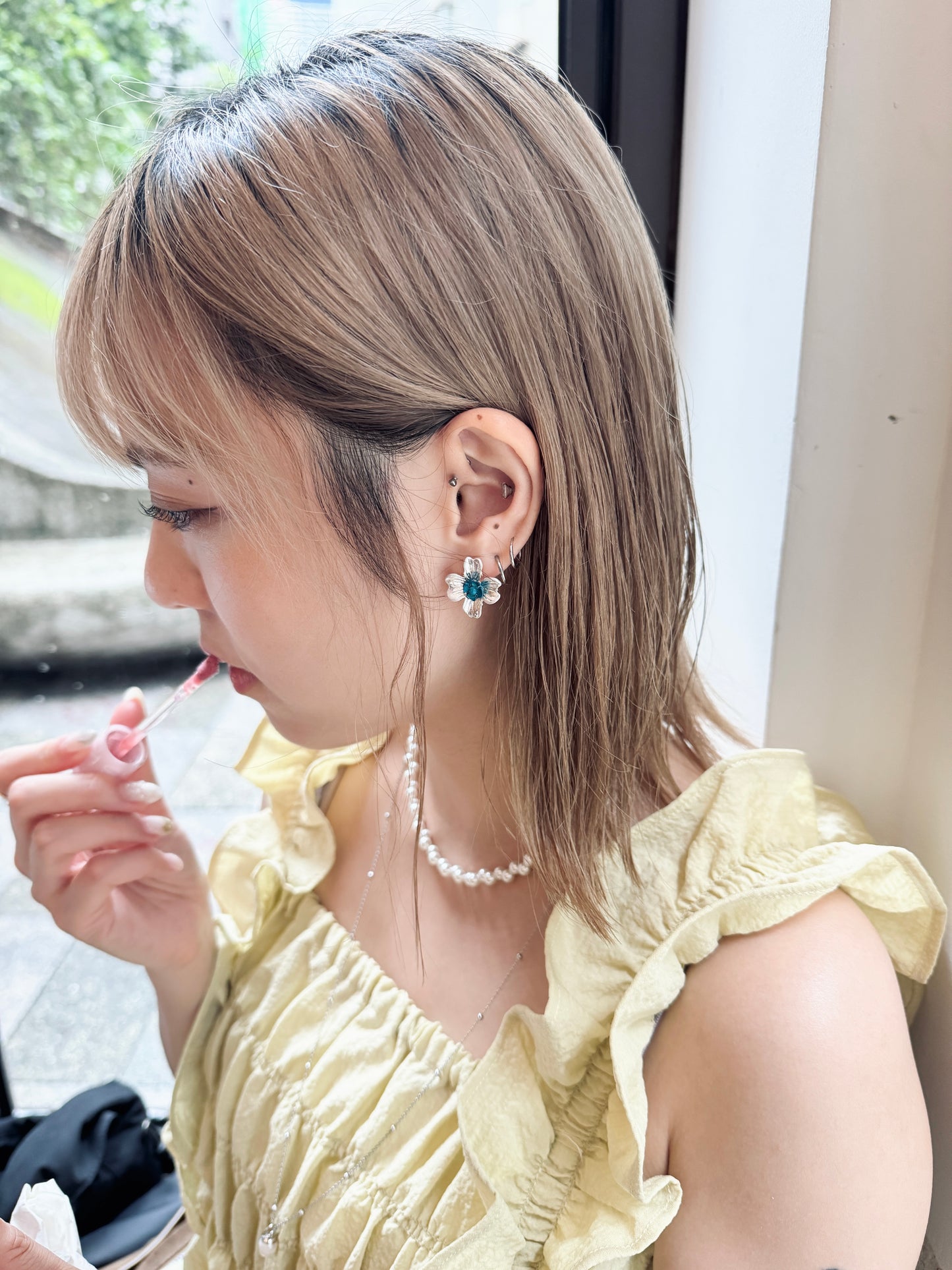 復古藍花花耳環
