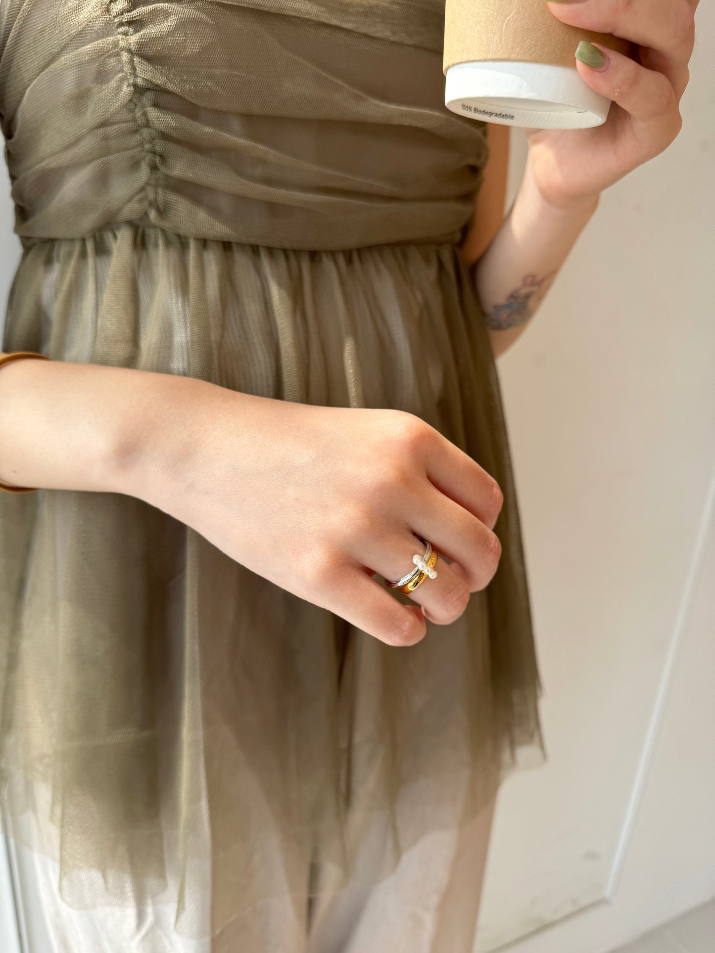 珍珠雙環連體戒指