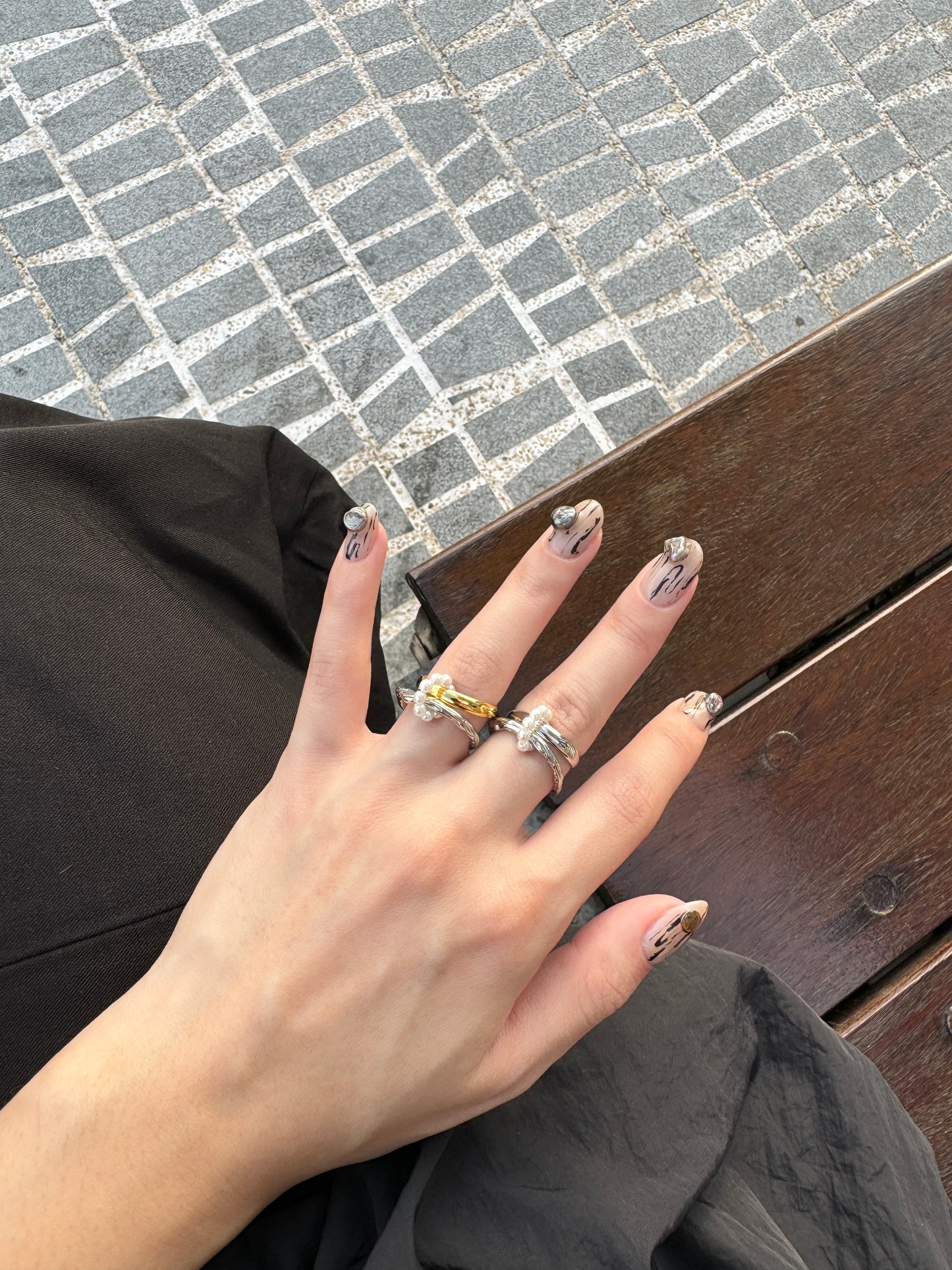 珍珠雙環連體戒指