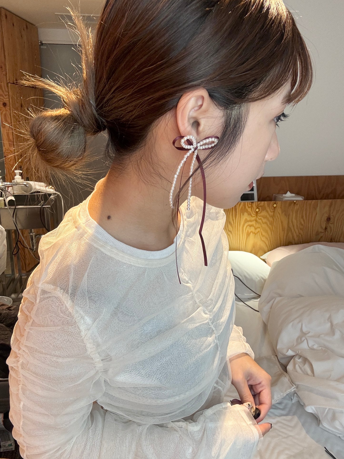 絲帶拼珍珠蝴蝶結長耳環