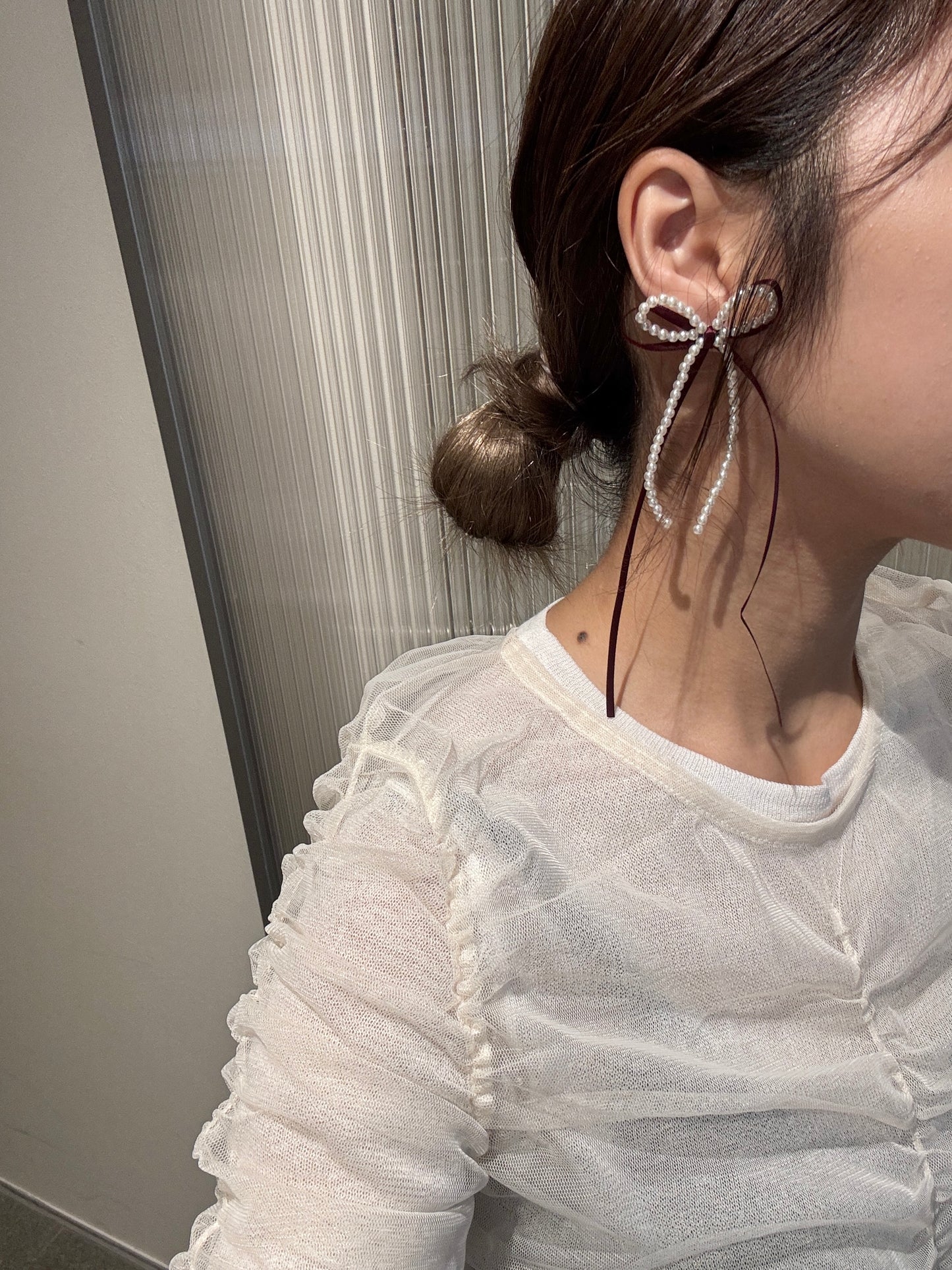 絲帶拼珍珠蝴蝶結長耳環