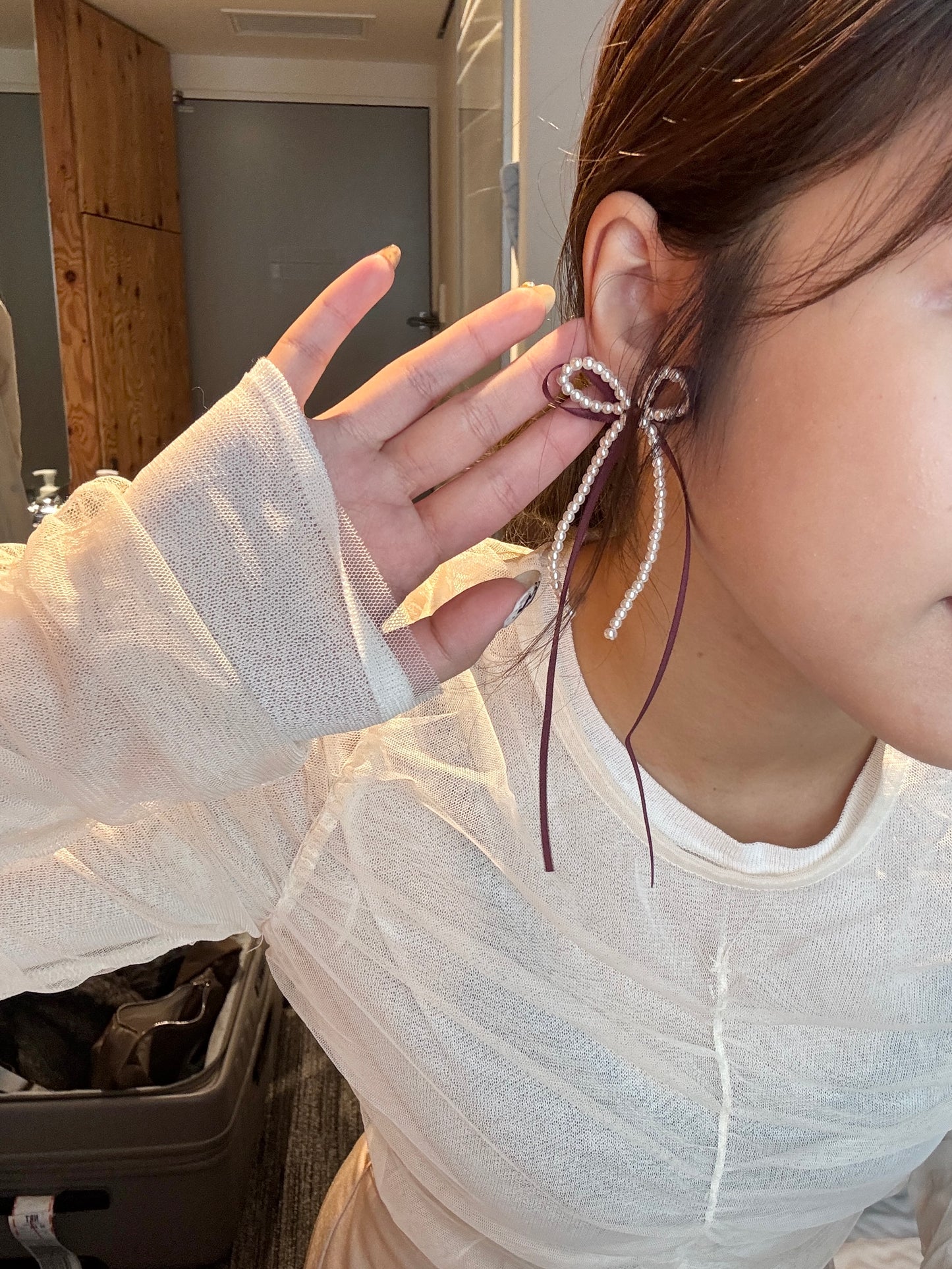 絲帶拼珍珠蝴蝶結長耳環