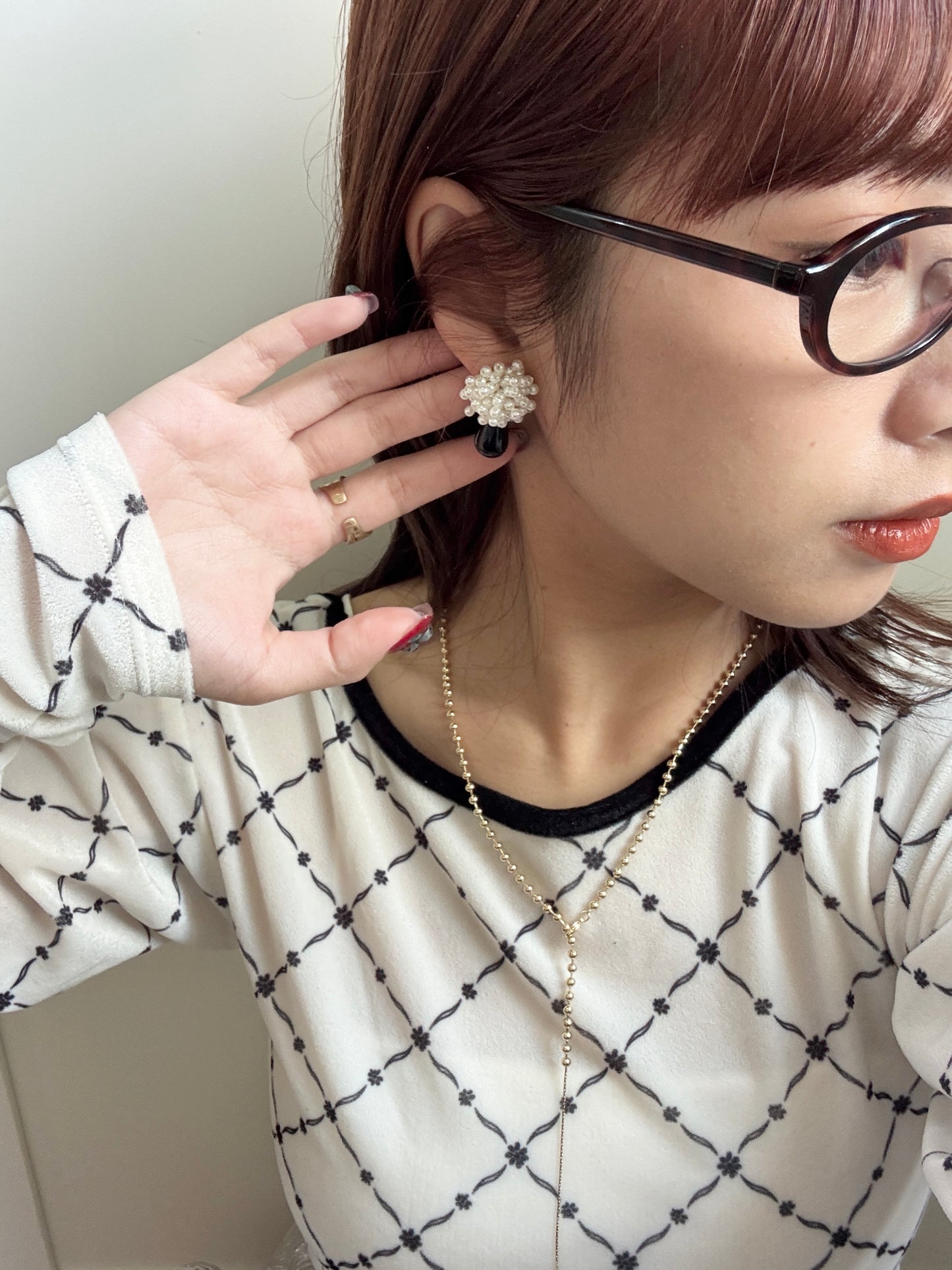 復古撞色花球珍珠耳環