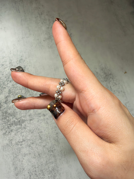 珍珠拼銀珠花粒RING