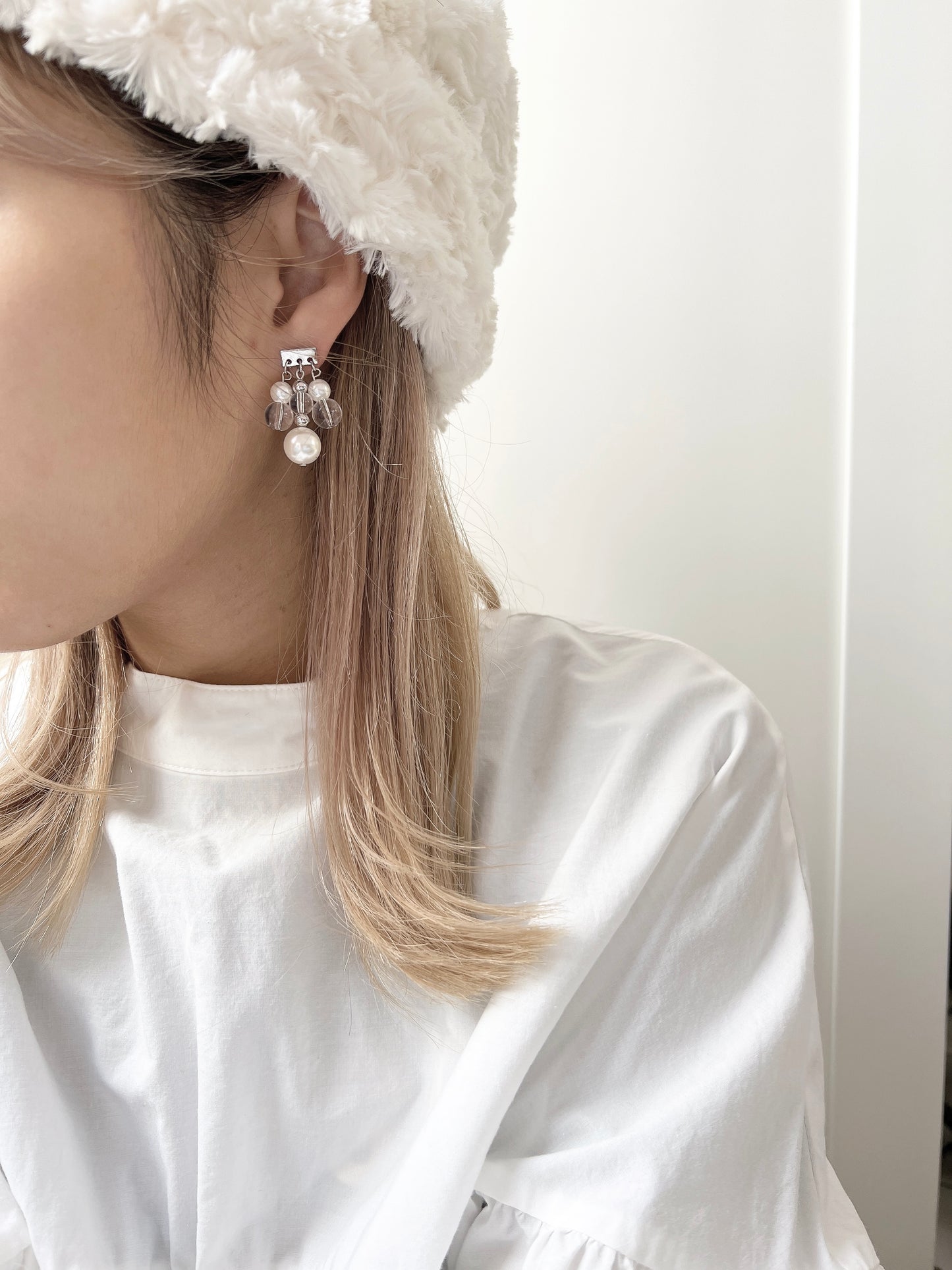 推！珍珠拼透明珠搖搖耳環