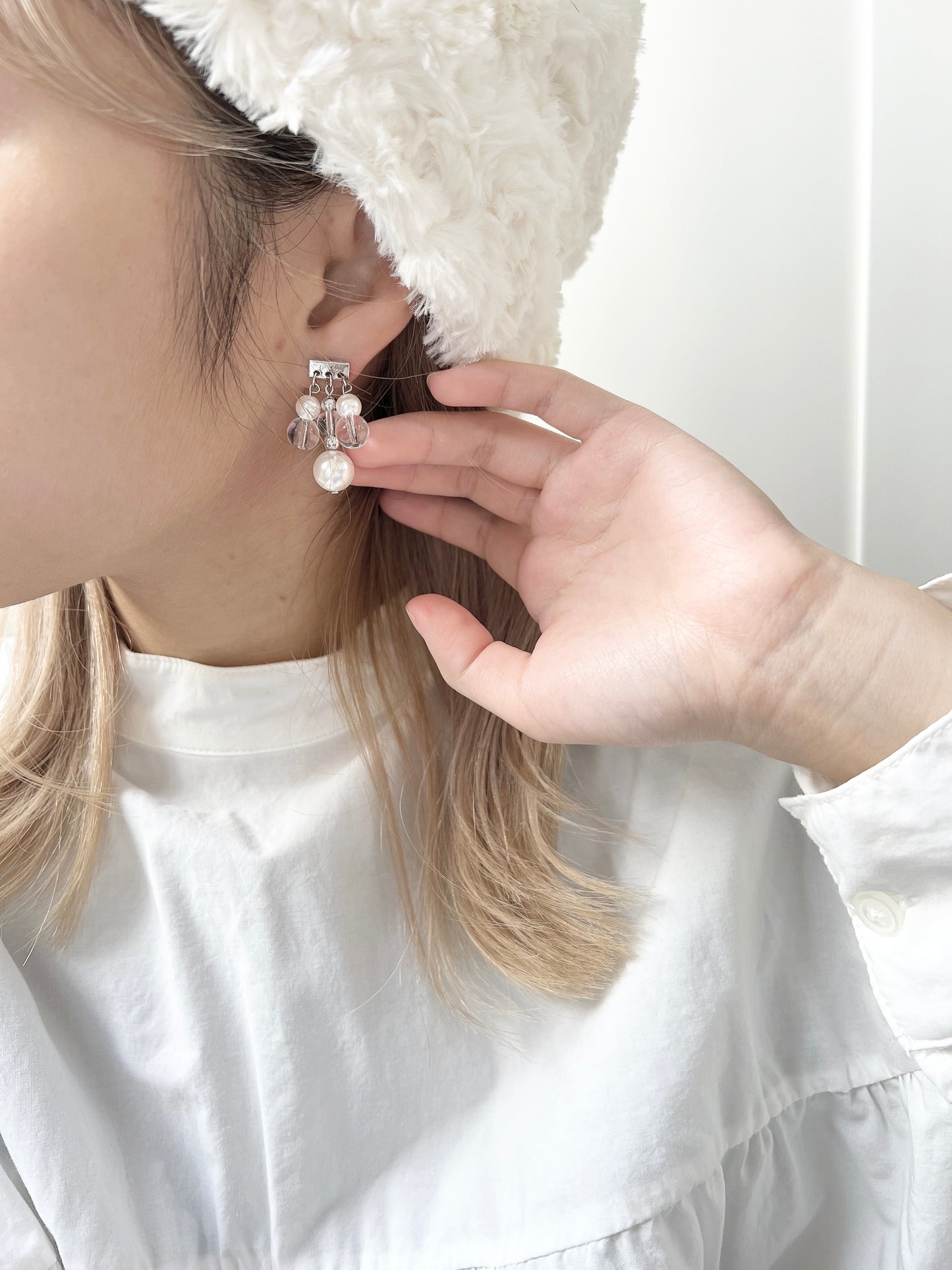 推！珍珠拼透明珠搖搖耳環